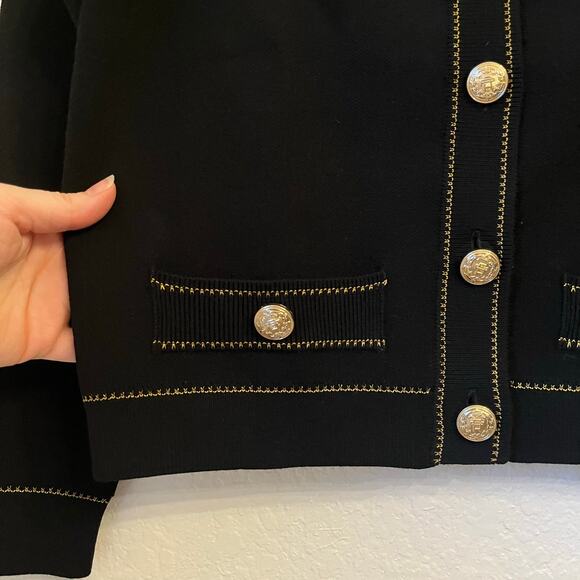 Roch Perel Collared Cardigan XS Black Button Chic Minimalist Quiet Luxury Work - Picture 5 of 10